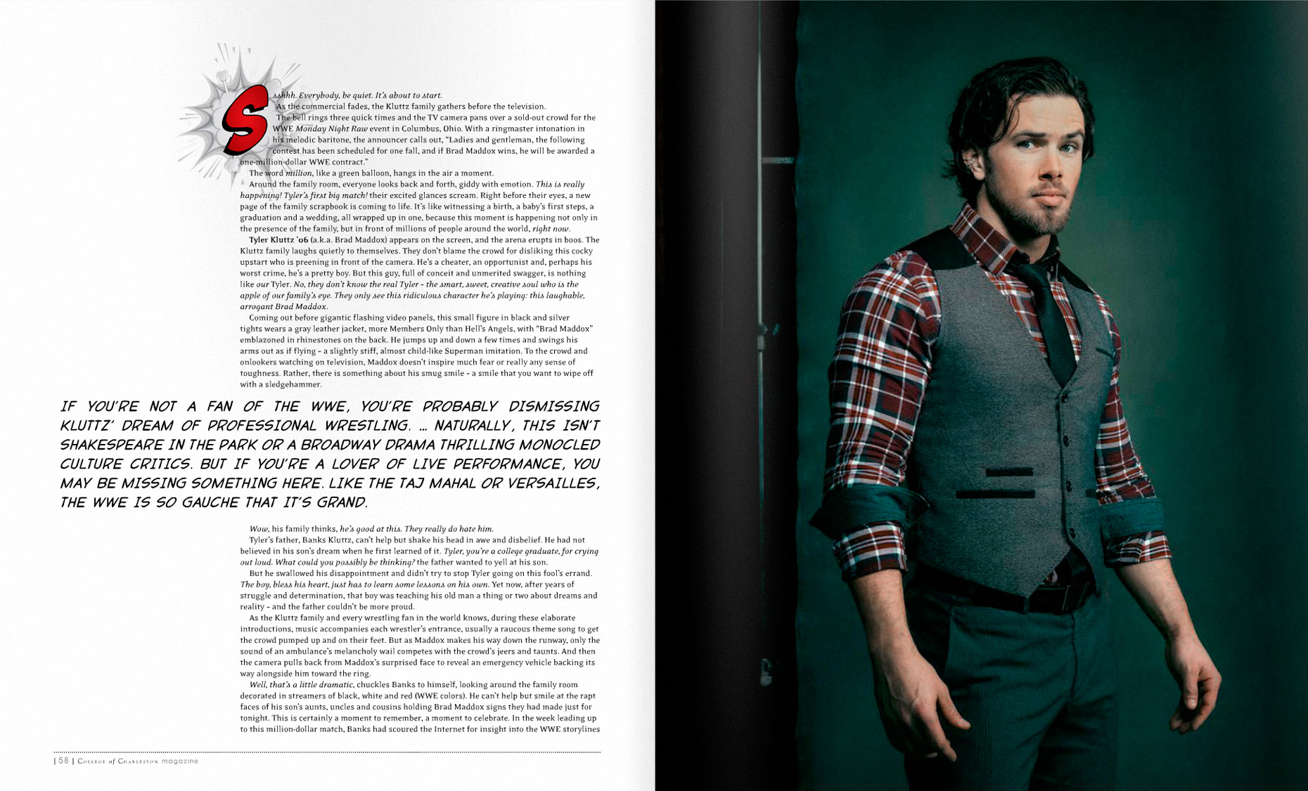 College Of Charleston Magazine - INTO THE RING - SPRING 2014 - Spread 1: Brad Maddox -  photographer Jason Myers