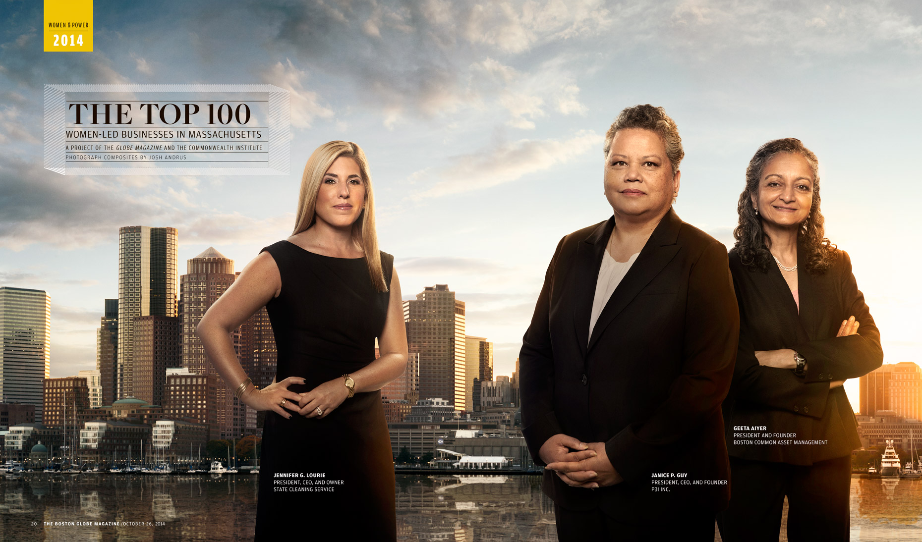 The Boston Globe: POWERFUL WOMEN - October 2014 - Opener: JENNIFER LOURIE, JANICE P. GUY, GEETA AIYER - photographer Josh Andrus 
